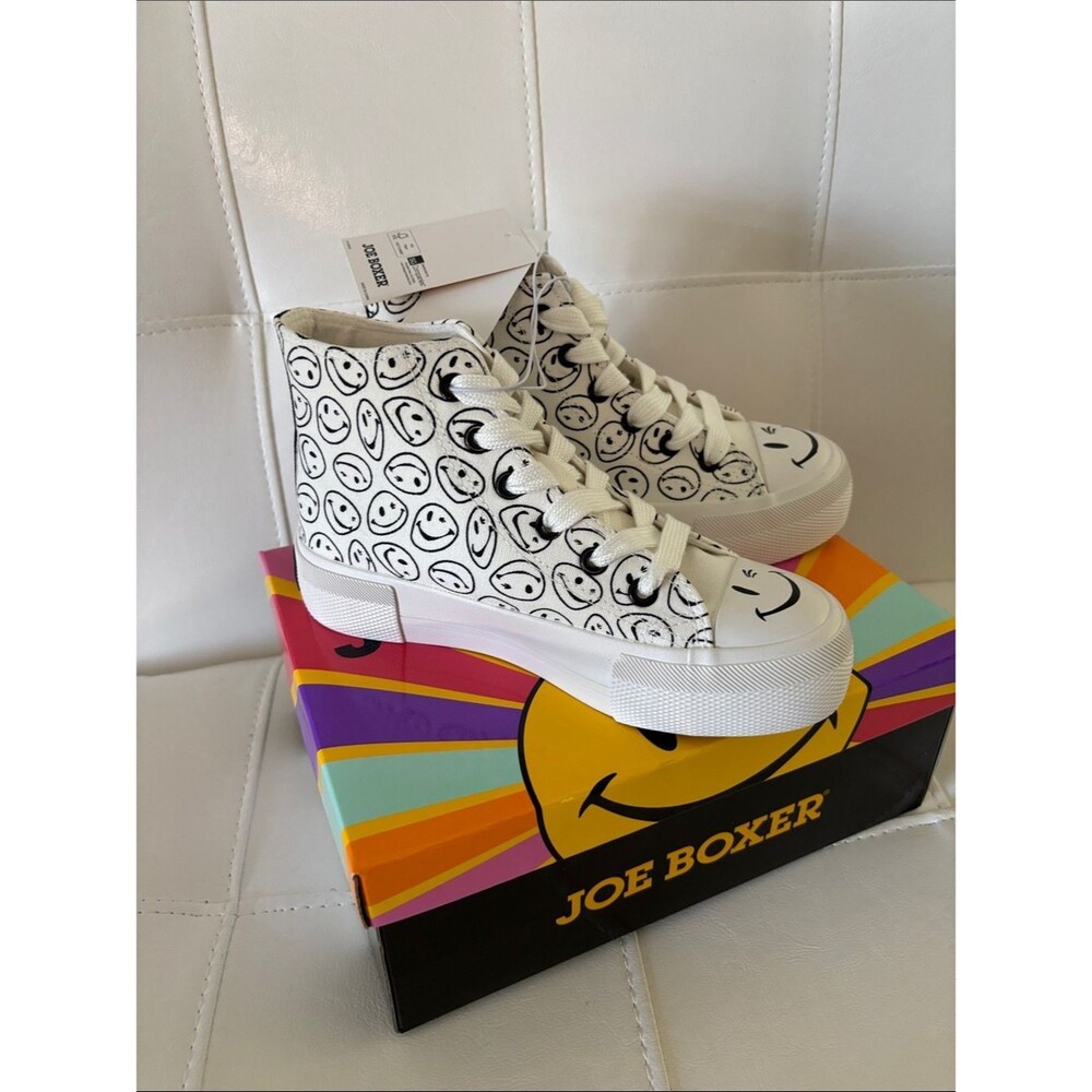 Joe Boxer White High-Top Sneakers with Black Smiley Print - Picture 4 of 6